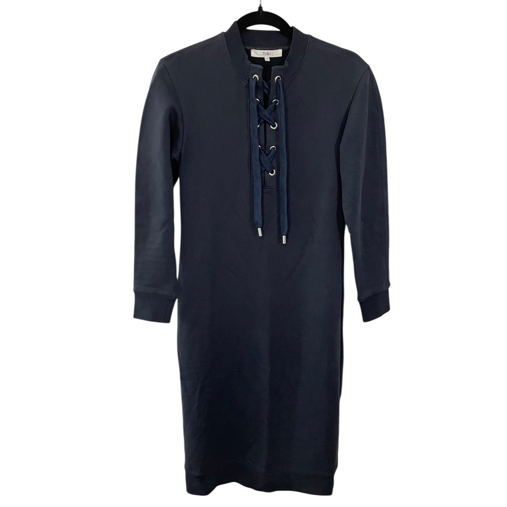 Tibi Navy Blue‎ Lace Up Sweatshirt Dress XXS Long Sleeve Crew Neck Casual
